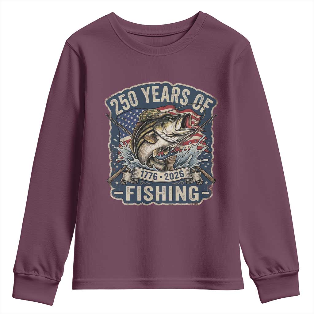 Vintage 250 Years Of Fishing Youth Sweatshirt Patriotic Angler TS12 Maroon Print Your Wear