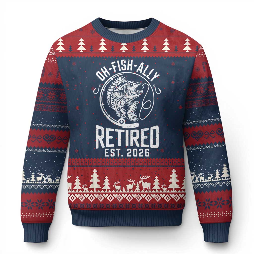 Officially Retired Est 2026 Fishing Ugly Christmas Sweater Funny Fishing Retirement Gift TS12 Navy Red Print Your Wear