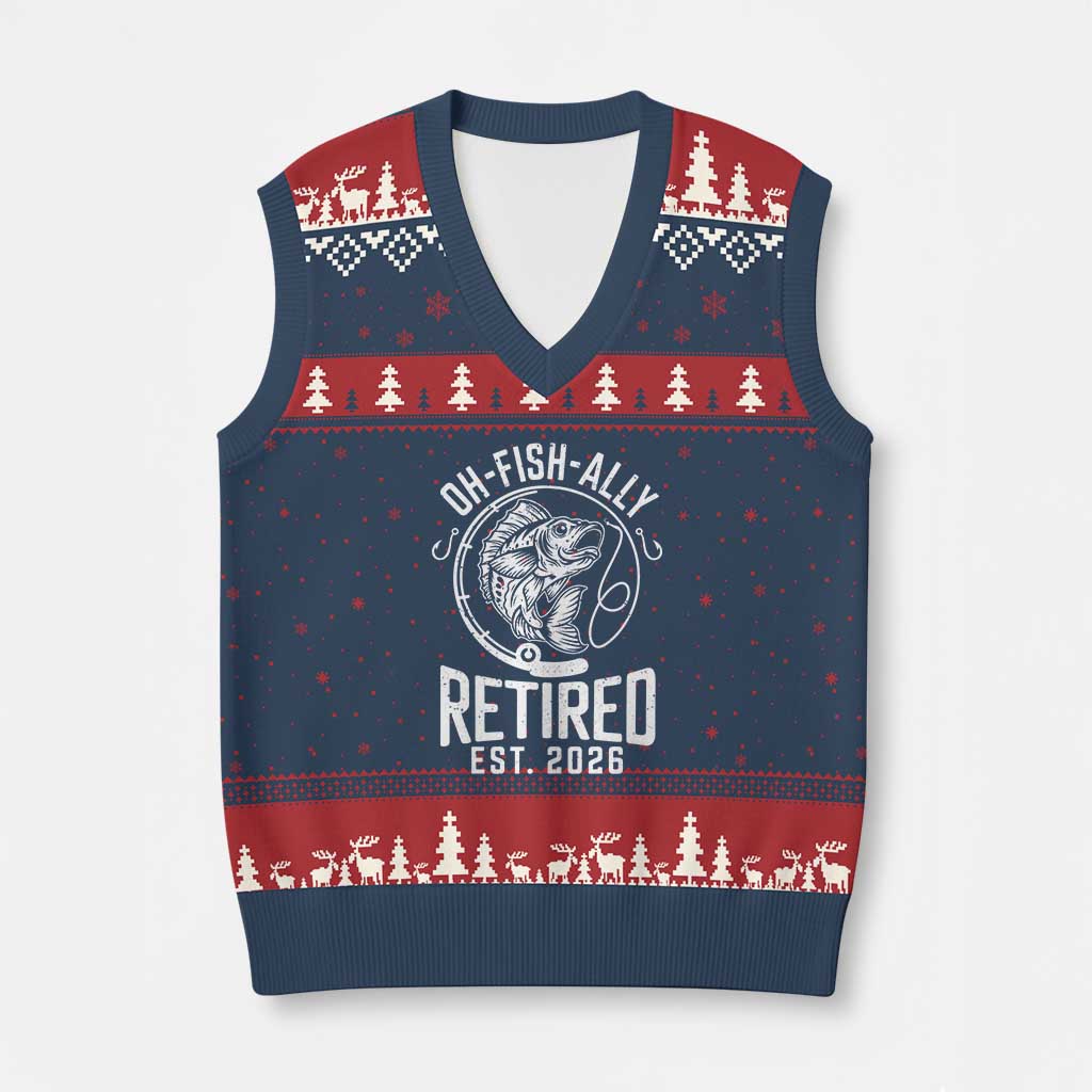 Officially Retired Est 2026 Fishing V-Neck Knit Sweater Vest Funny Fishing Retirement Gift TS12 Navy Red Print Your Wear