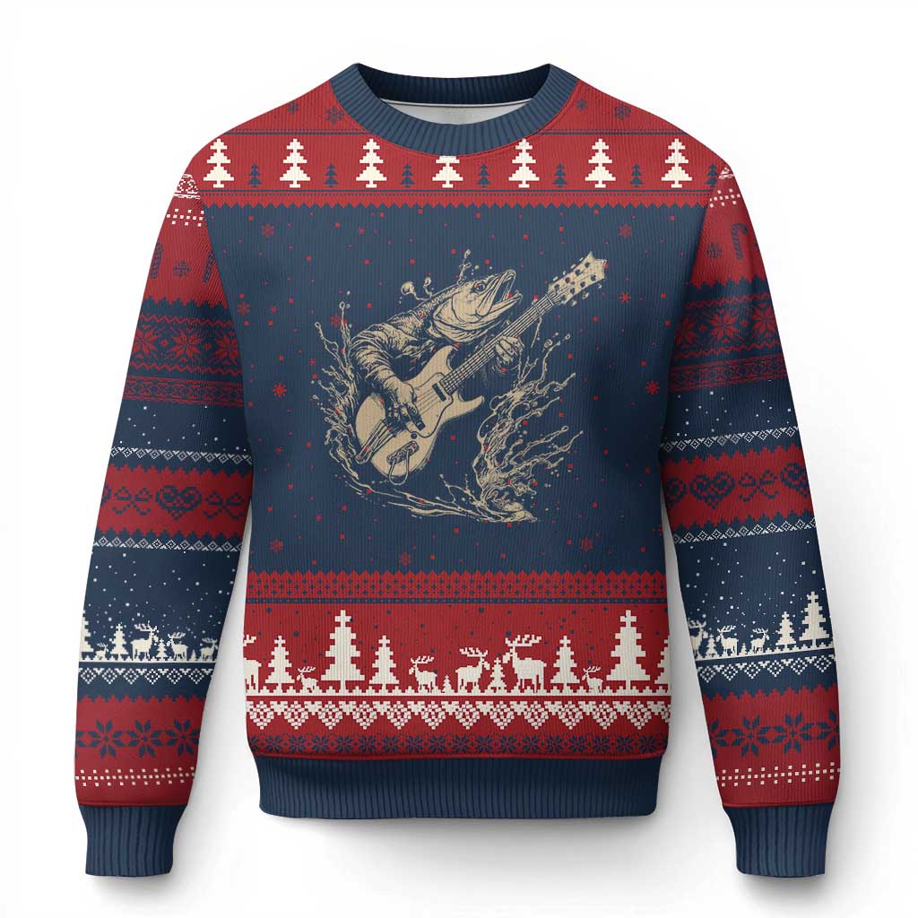 Vintage Trout Playing Guitar Ugly Christmas Sweater Funny Fishing Musician Gift TS12 Navy Red Print Your Wear