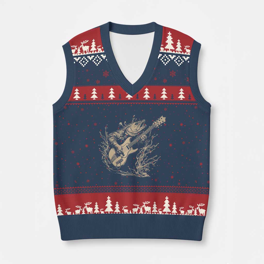 Vintage Trout Playing Guitar V-Neck Knit Sweater Vest Funny Fishing Musician Gift TS12 Navy Red Print Your Wear