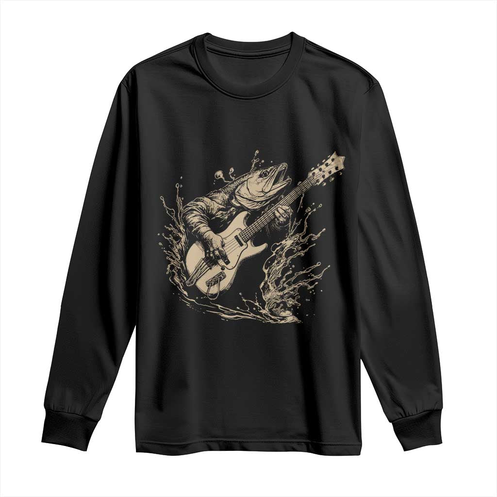 Vintage Trout Playing Guitar Long Sleeve Shirt Funny Fishing Musician Gift TS12 Black Print Your Wear
