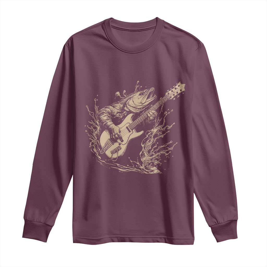 Vintage Trout Playing Guitar Long Sleeve Shirt Funny Fishing Musician Gift TS12 Maroon Print Your Wear