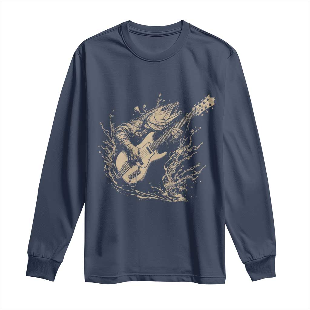 Vintage Trout Playing Guitar Long Sleeve Shirt Funny Fishing Musician Gift TS12 Navy Print Your Wear