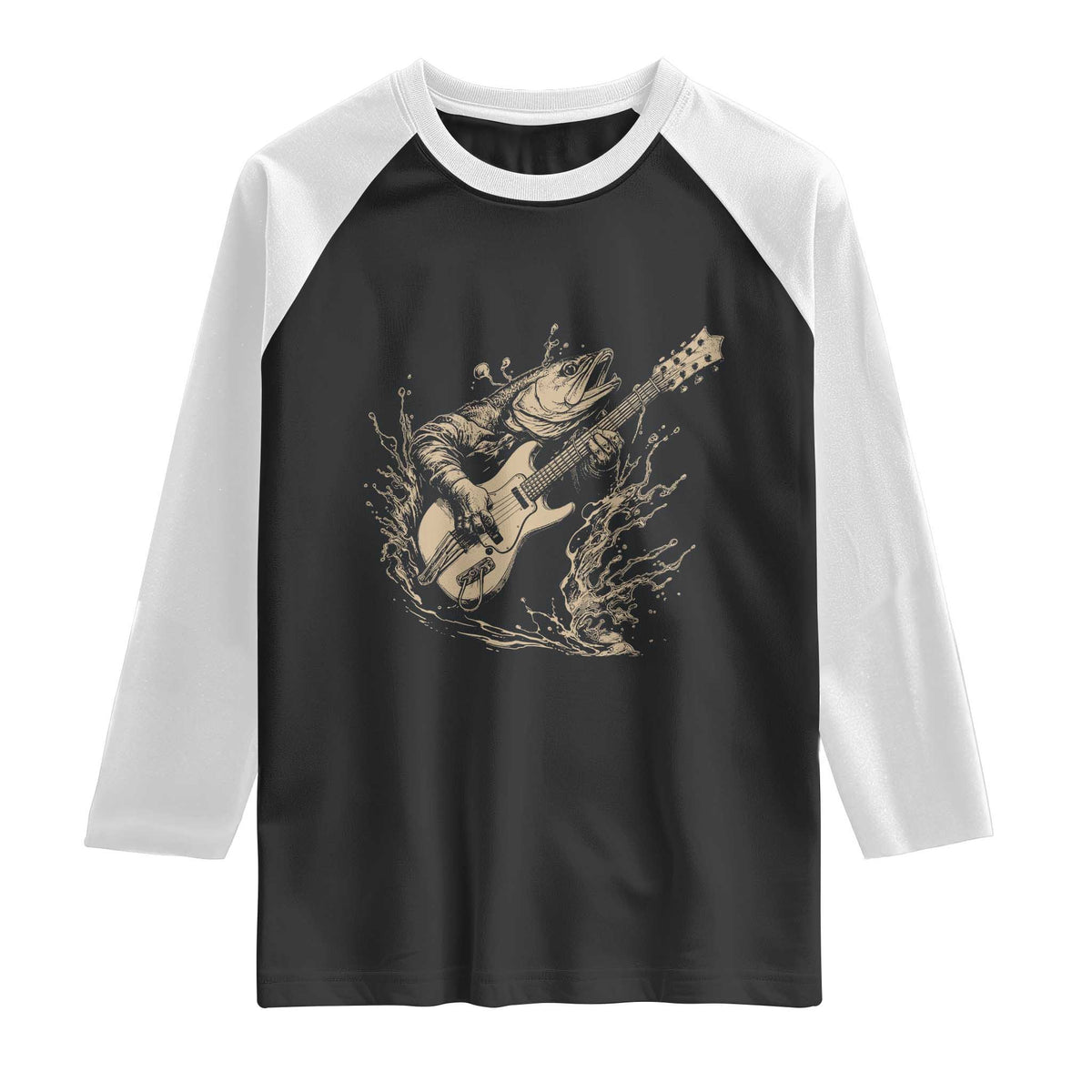 Vintage Trout Playing Guitar Raglan Shirt Funny Fishing Musician Gift TS12 Black White Print Your Wear