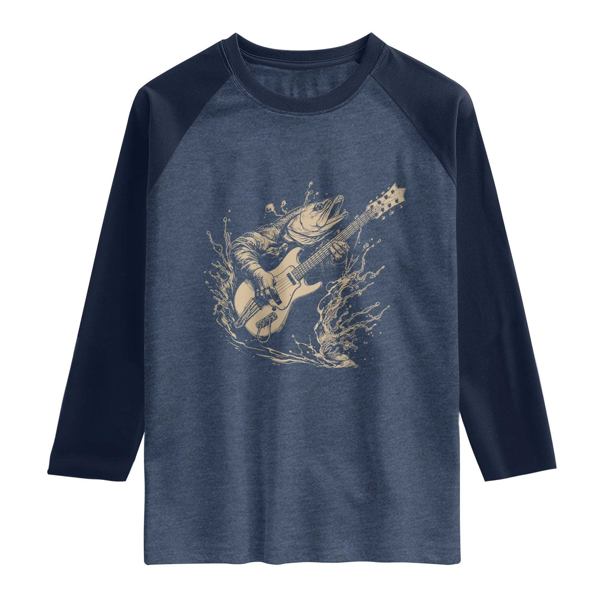 Vintage Trout Playing Guitar Raglan Shirt Funny Fishing Musician Gift TS12 Heather Denim Navy Print Your Wear