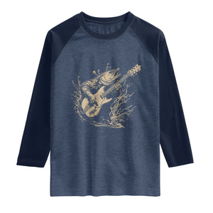 Vintage Trout Playing Guitar Raglan Shirt Funny Fishing Musician Gift TS12 Heather Denim Navy Print Your Wear