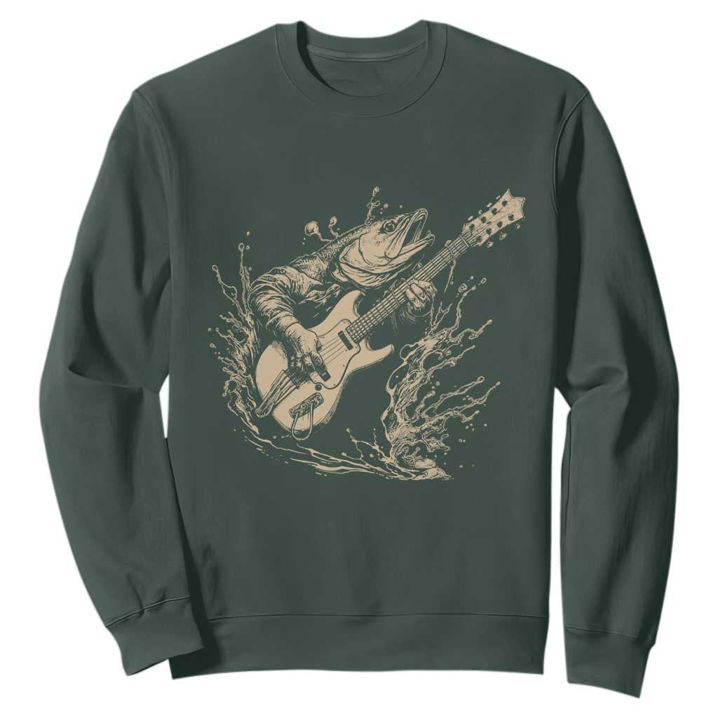 Vintage Trout Playing Guitar Sweatshirt Funny Fishing Musician Gift TS12 Dark Forest Green Print Your Wear