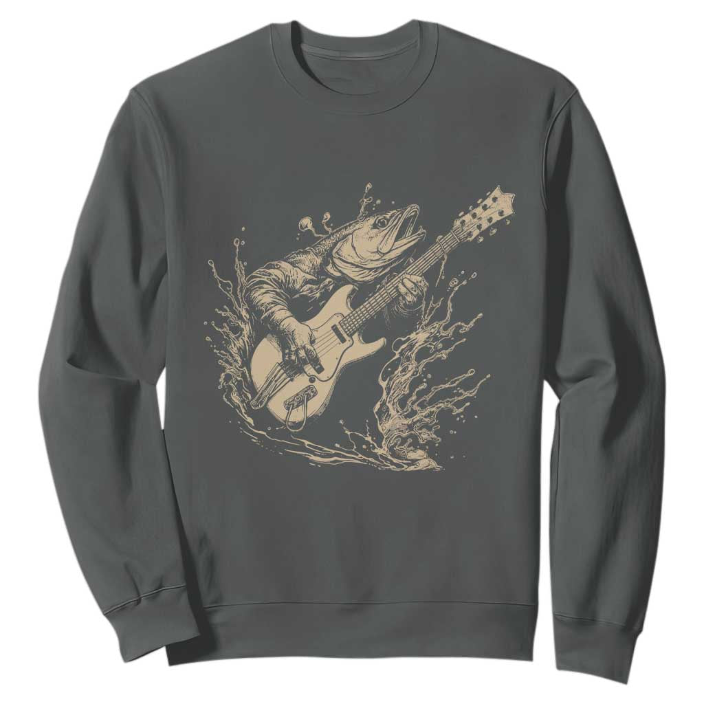Vintage Trout Playing Guitar Sweatshirt Funny Fishing Musician Gift TS12 Dark Heather Print Your Wear