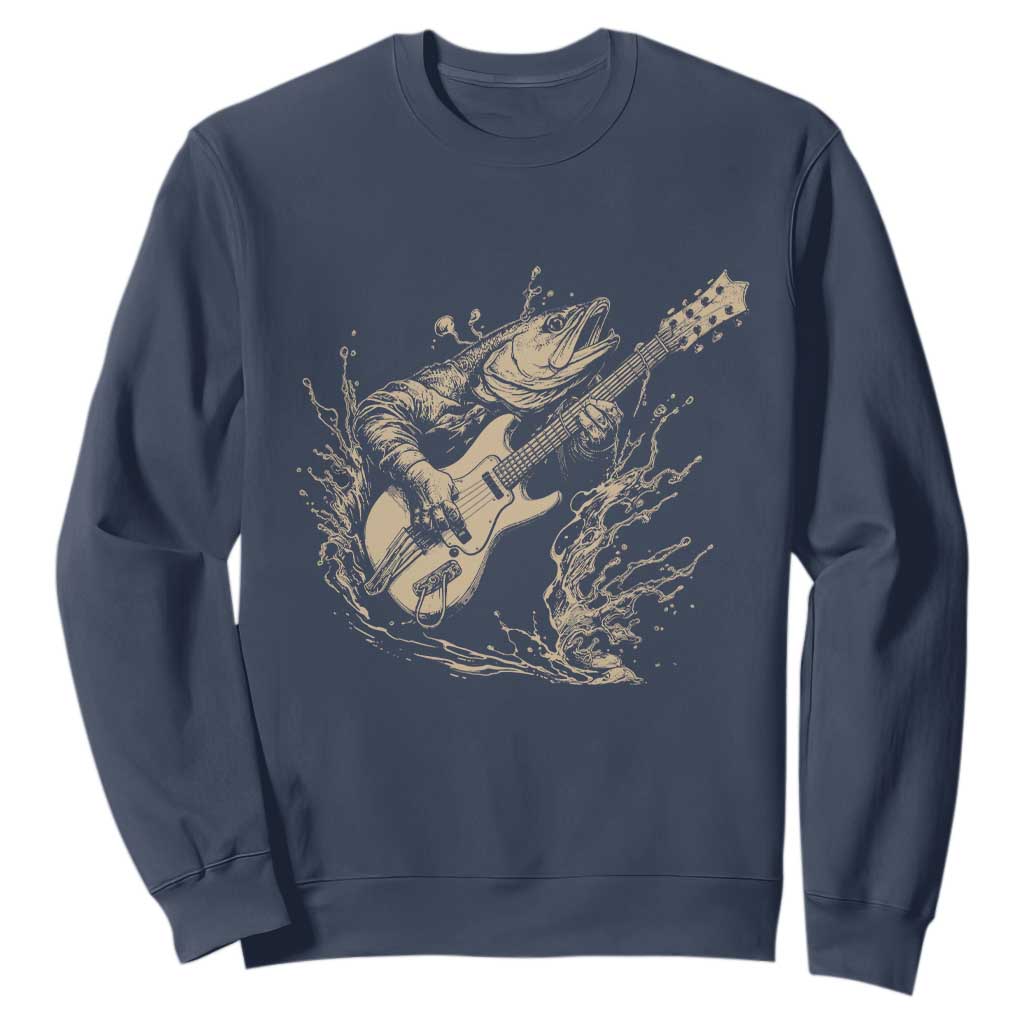 Vintage Trout Playing Guitar Sweatshirt Funny Fishing Musician Gift TS12 Navy Print Your Wear