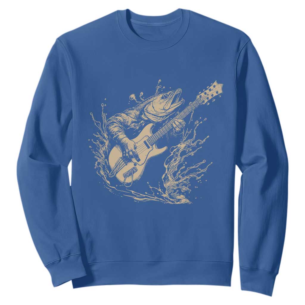 Vintage Trout Playing Guitar Sweatshirt Funny Fishing Musician Gift TS12 Royal Blue Print Your Wear
