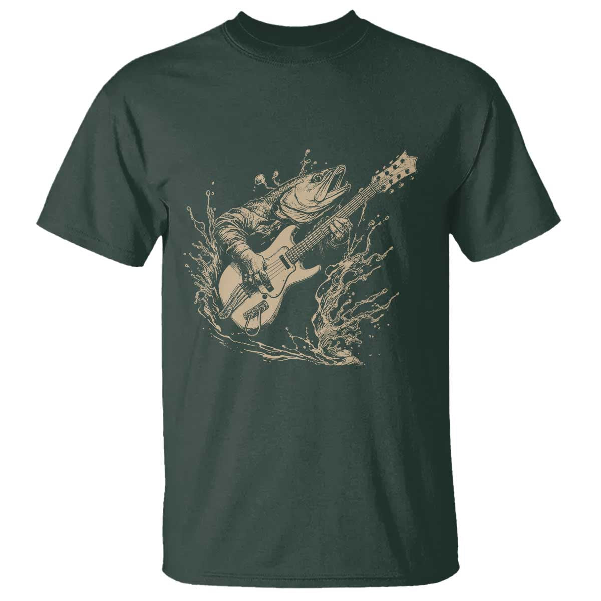 Vintage Trout Playing Guitar T Shirt Funny Fishing Musician Gift TS12 Dark Forest Green Print Your Wear