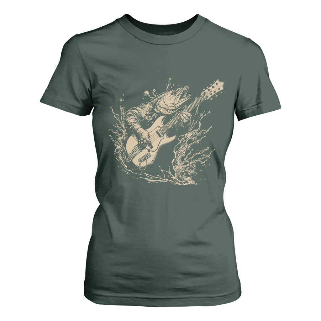 Vintage Trout Playing Guitar T Shirt For Women Funny Fishing Musician Gift TS12 Dark Forest Green Print Your Wear