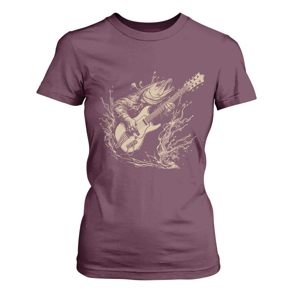 Vintage Trout Playing Guitar T Shirt For Women Funny Fishing Musician Gift TS12 Maroon Print Your Wear