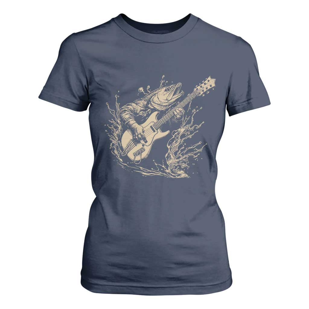 Vintage Trout Playing Guitar T Shirt For Women Funny Fishing Musician Gift TS12 Navy Print Your Wear