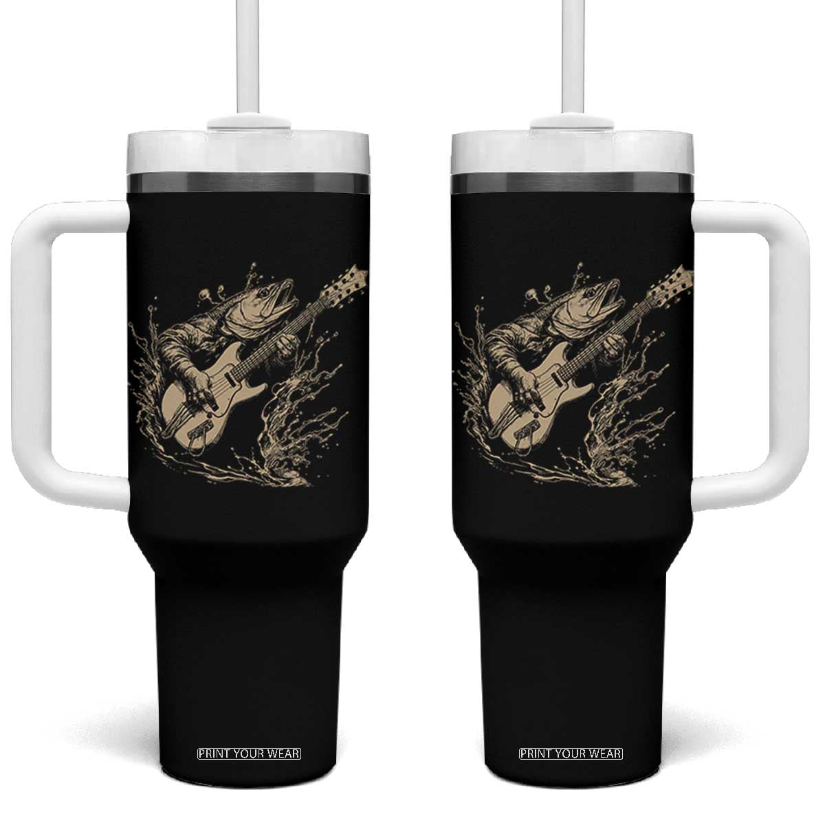 Vintage Trout Playing Guitar Tumbler With Handle Funny Fishing Musician Gift TS12 One Size: 40 oz Black Print Your Wear