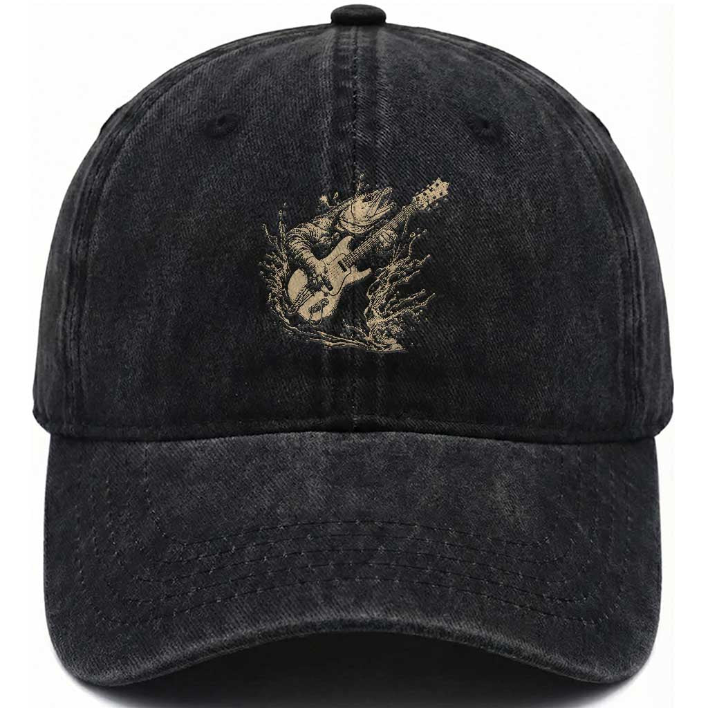 Vintage Trout Playing Guitar Washed Cotton Baseball Cap Funny Fishing Musician Gift TS12 Print Your Wear