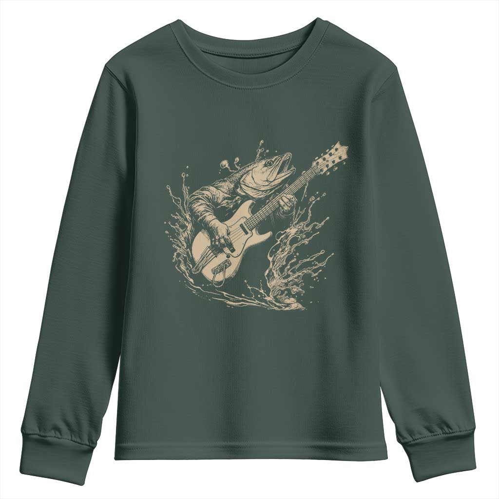 Vintage Trout Playing Guitar Youth Sweatshirt Funny Fishing Musician Gift TS12 Dark Forest Green Print Your Wear
