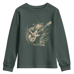 Vintage Trout Playing Guitar Youth Sweatshirt Funny Fishing Musician Gift TS12 Dark Forest Green Print Your Wear