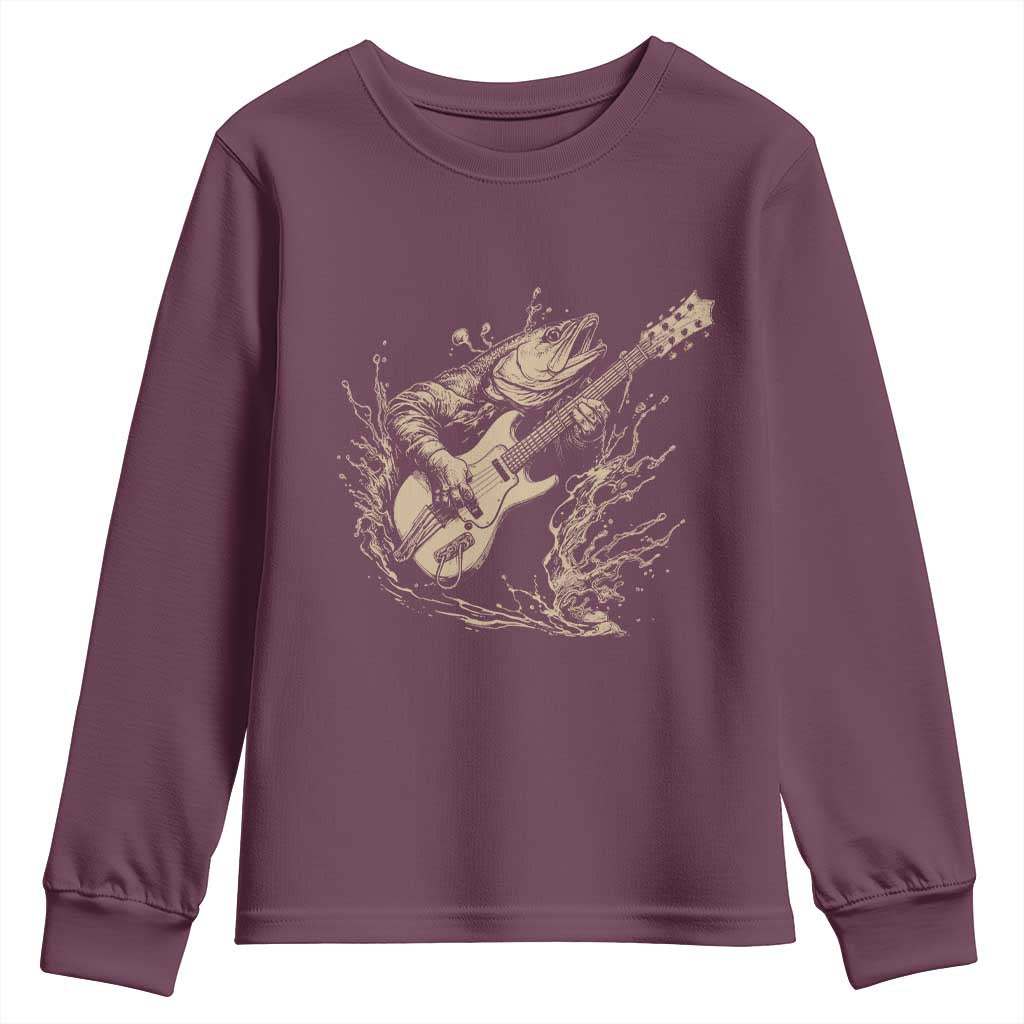 Vintage Trout Playing Guitar Youth Sweatshirt Funny Fishing Musician Gift TS12 Maroon Print Your Wear