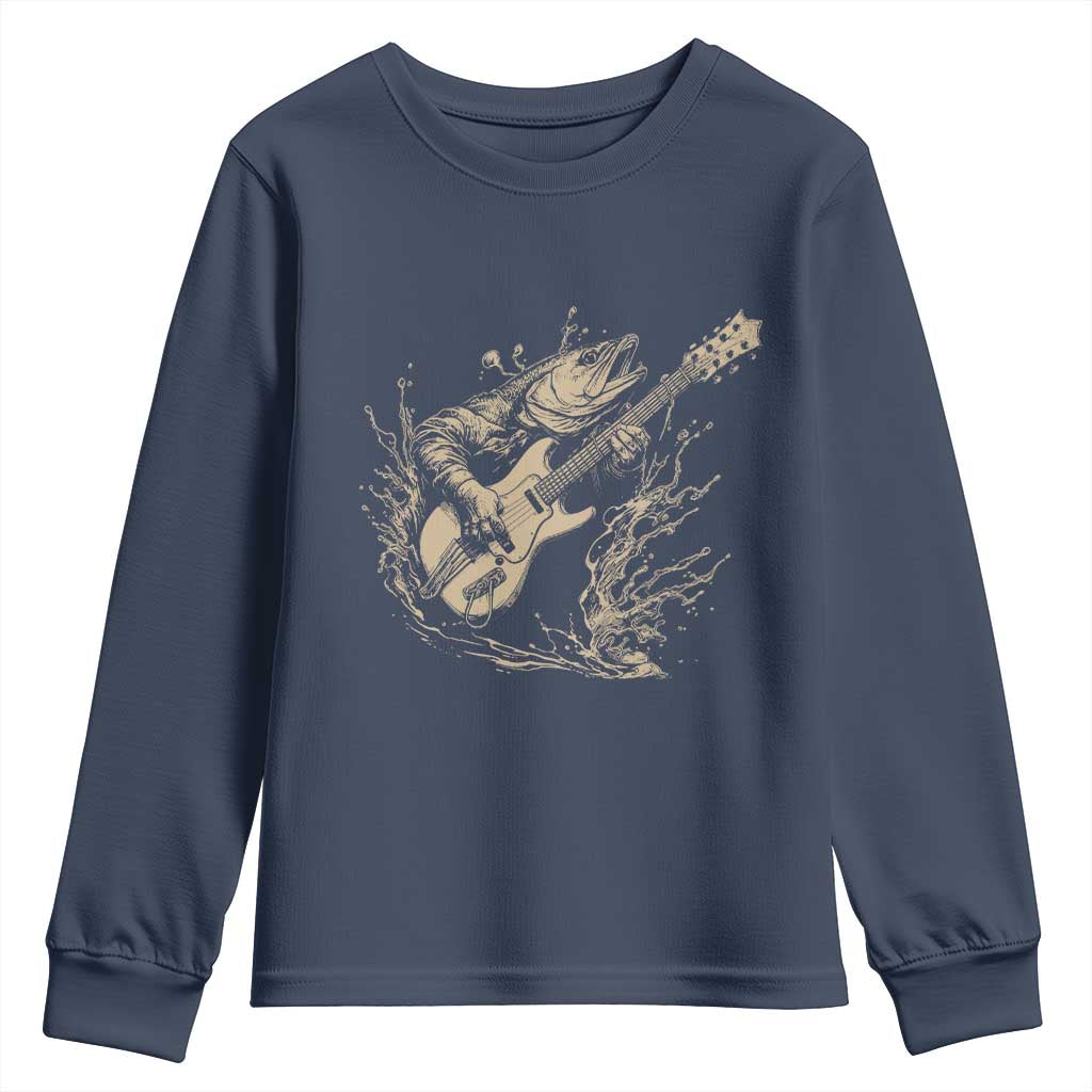 Vintage Trout Playing Guitar Youth Sweatshirt Funny Fishing Musician Gift TS12 Navy Print Your Wear