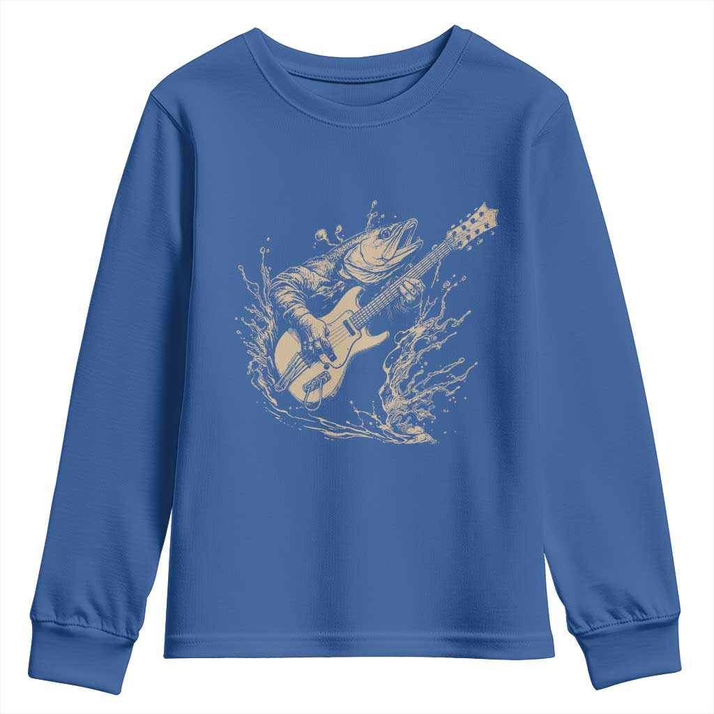Vintage Trout Playing Guitar Youth Sweatshirt Funny Fishing Musician Gift TS12 Royal Blue Print Your Wear