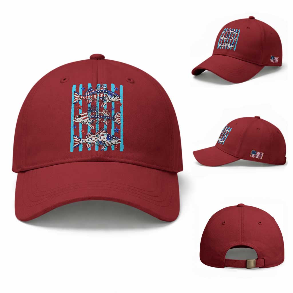 Patriotic Striped Bass Fishing Skeleton Baseball Cap USA Flag Angler Gift TS12 Baseball Cap Universal Fit Cherry Red Print Your Wear