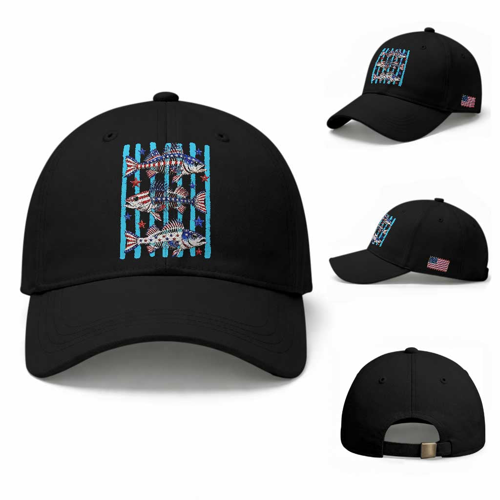 Patriotic Striped Bass Fishing Skeleton Baseball Cap USA Flag Angler Gift TS12 Baseball Cap Universal Fit Black Print Your Wear