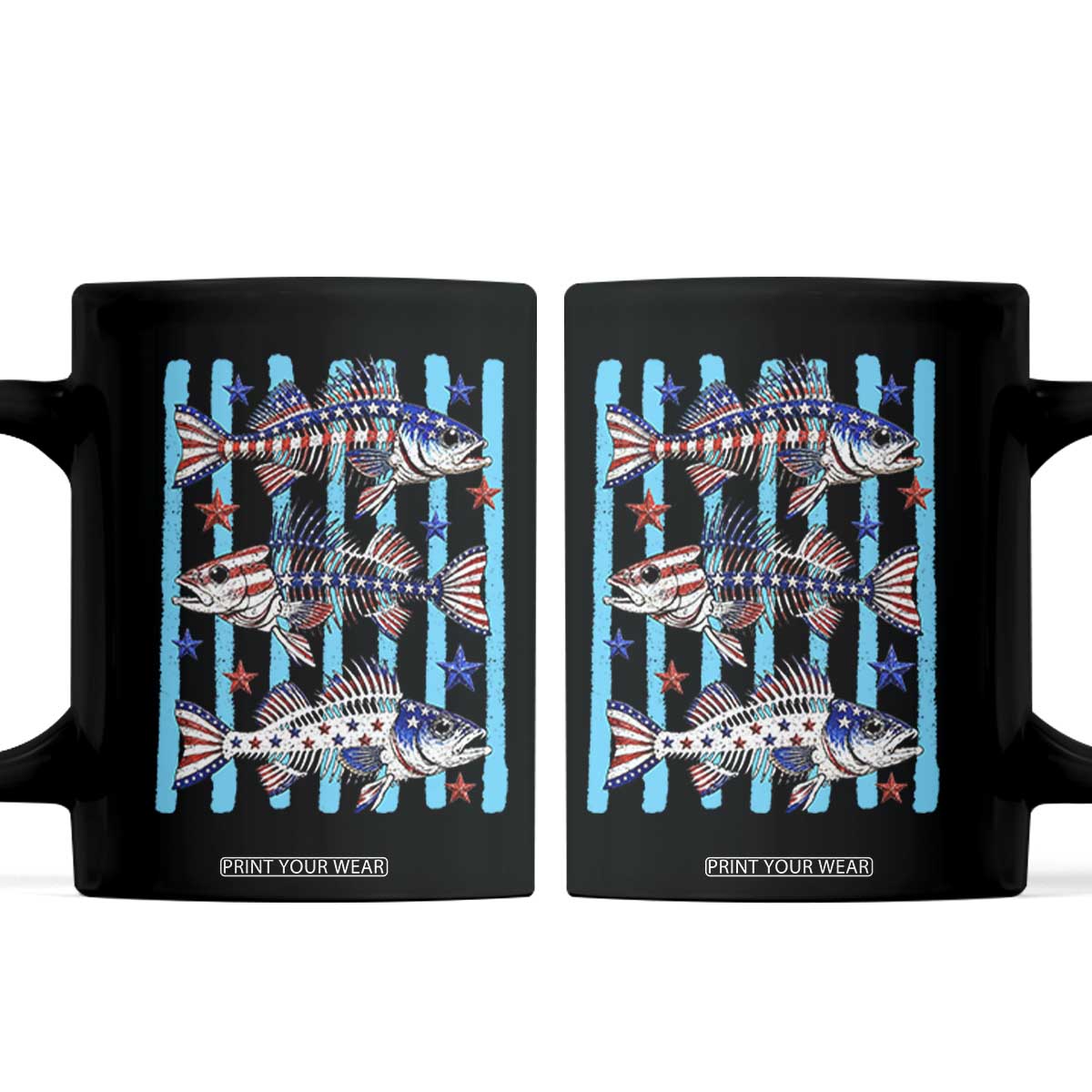Patriotic Striped Bass Fishing Skeleton Coffee Mug USA Flag Angler Gift TS12 Black Print Your Wear