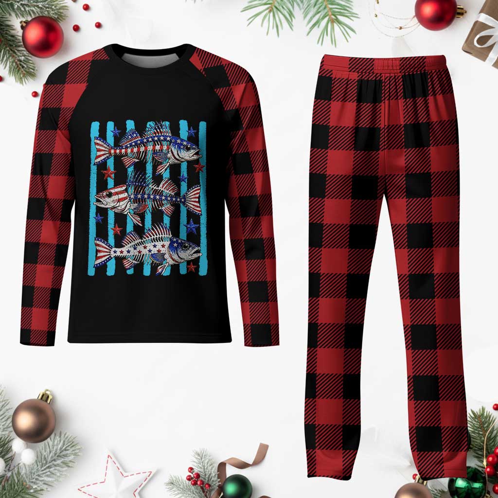 Patriotic Striped Bass Fishing Skeleton Plaid Pajama Set USA Flag Angler Gift TS12 Buffalo Plaid Print Your Wear