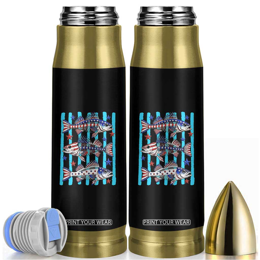 Patriotic Striped Bass Fishing Skeleton Bullet Tumbler USA Flag Angler Gift TS12 Black Print Your Wear