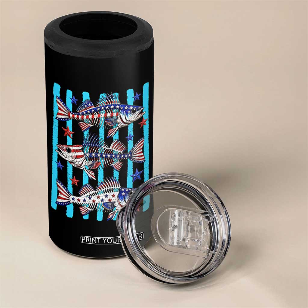 Patriotic Striped Bass Fishing Skeleton 4 in 1 Can Cooler Tumbler USA Flag Angler Gift TS12 Print Your Wear