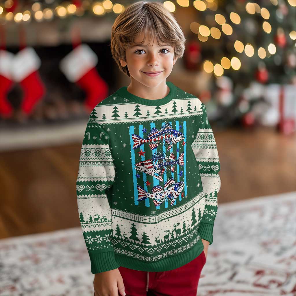 Patriotic Striped Bass Fishing Skeleton Ugly Christmas Sweater USA Flag Angler Gift TS12 Forest Green Beige Print Your Wear