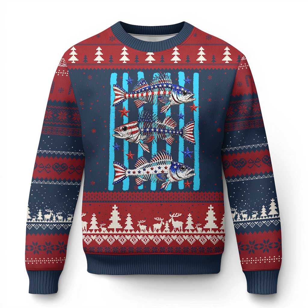 Patriotic Striped Bass Fishing Skeleton Ugly Christmas Sweater USA Flag Angler Gift TS12 Navy Red Print Your Wear