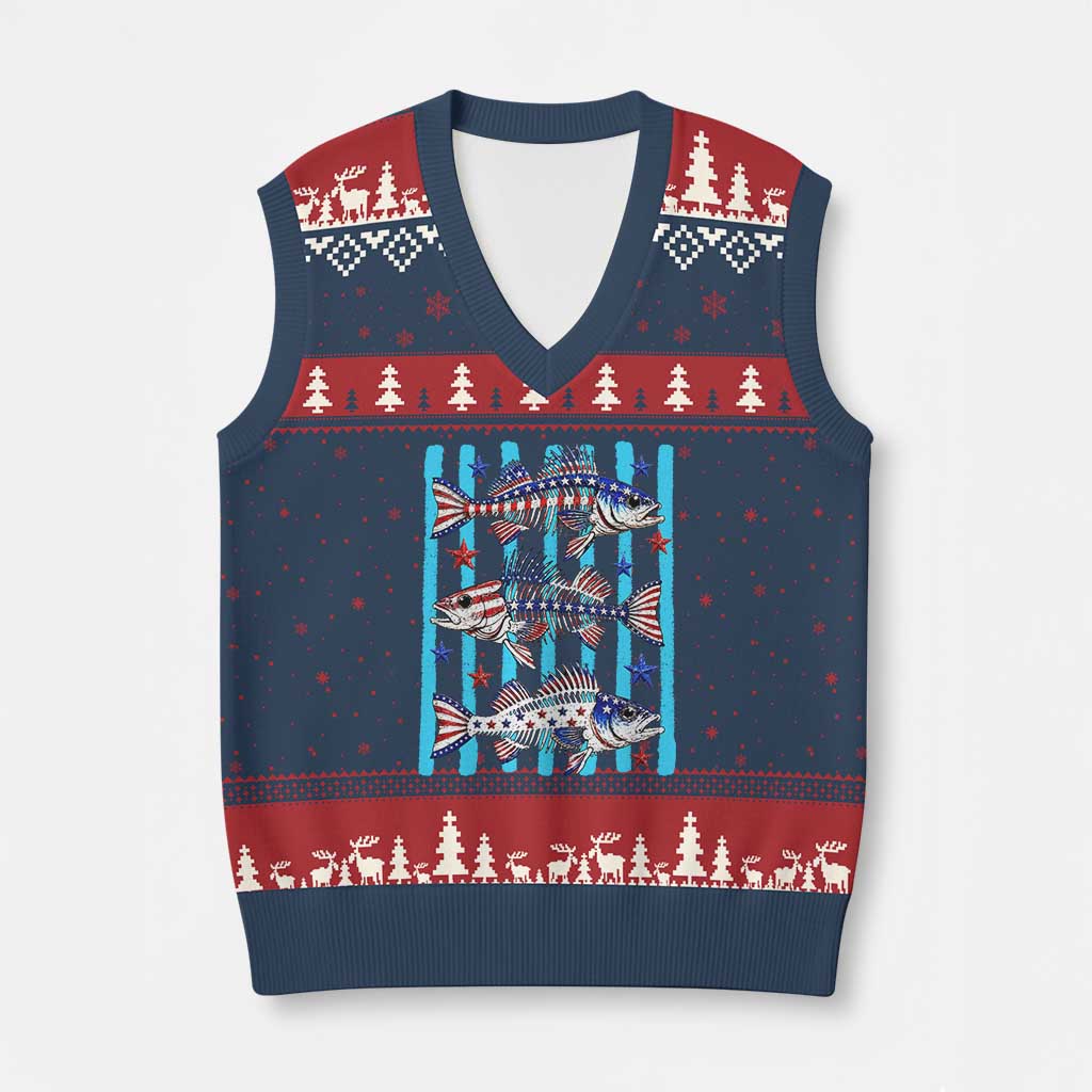 Patriotic Striped Bass Fishing Skeleton V-Neck Knit Sweater Vest USA Flag Angler Gift TS12 Navy Red Print Your Wear
