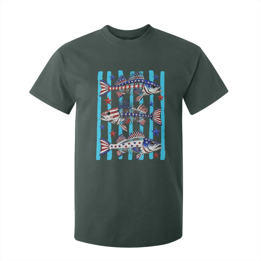 Patriotic Striped Bass Fishing Skeleton T Shirt For Kid USA Flag Angler Gift TS12 Dark Forest Green Print Your Wear