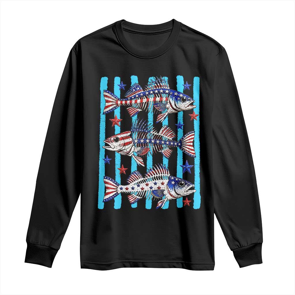 Patriotic Striped Bass Fishing Skeleton Long Sleeve Shirt USA Flag Angler Gift TS12 Black Print Your Wear