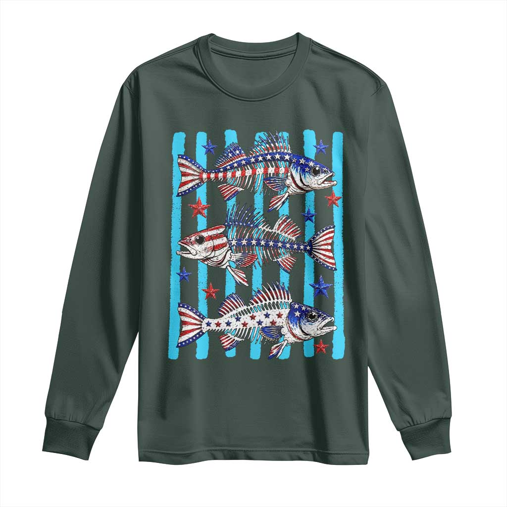 Patriotic Striped Bass Fishing Skeleton Long Sleeve Shirt USA Flag Angler Gift TS12 Dark Forest Green Print Your Wear