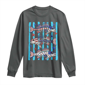 Patriotic Striped Bass Fishing Skeleton Long Sleeve Shirt USA Flag Angler Gift TS12 Dark Heather Print Your Wear