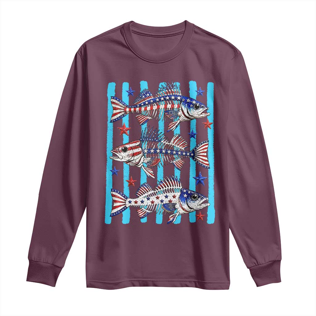 Patriotic Striped Bass Fishing Skeleton Long Sleeve Shirt USA Flag Angler Gift TS12 Maroon Print Your Wear
