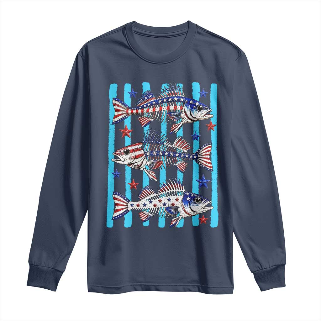 Patriotic Striped Bass Fishing Skeleton Long Sleeve Shirt USA Flag Angler Gift TS12 Navy Print Your Wear