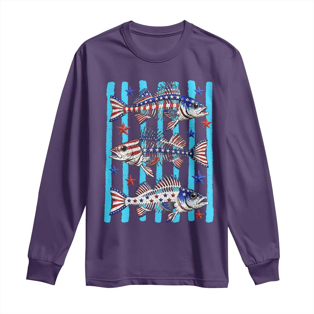 Patriotic Striped Bass Fishing Skeleton Long Sleeve Shirt USA Flag Angler Gift TS12 Purple Print Your Wear