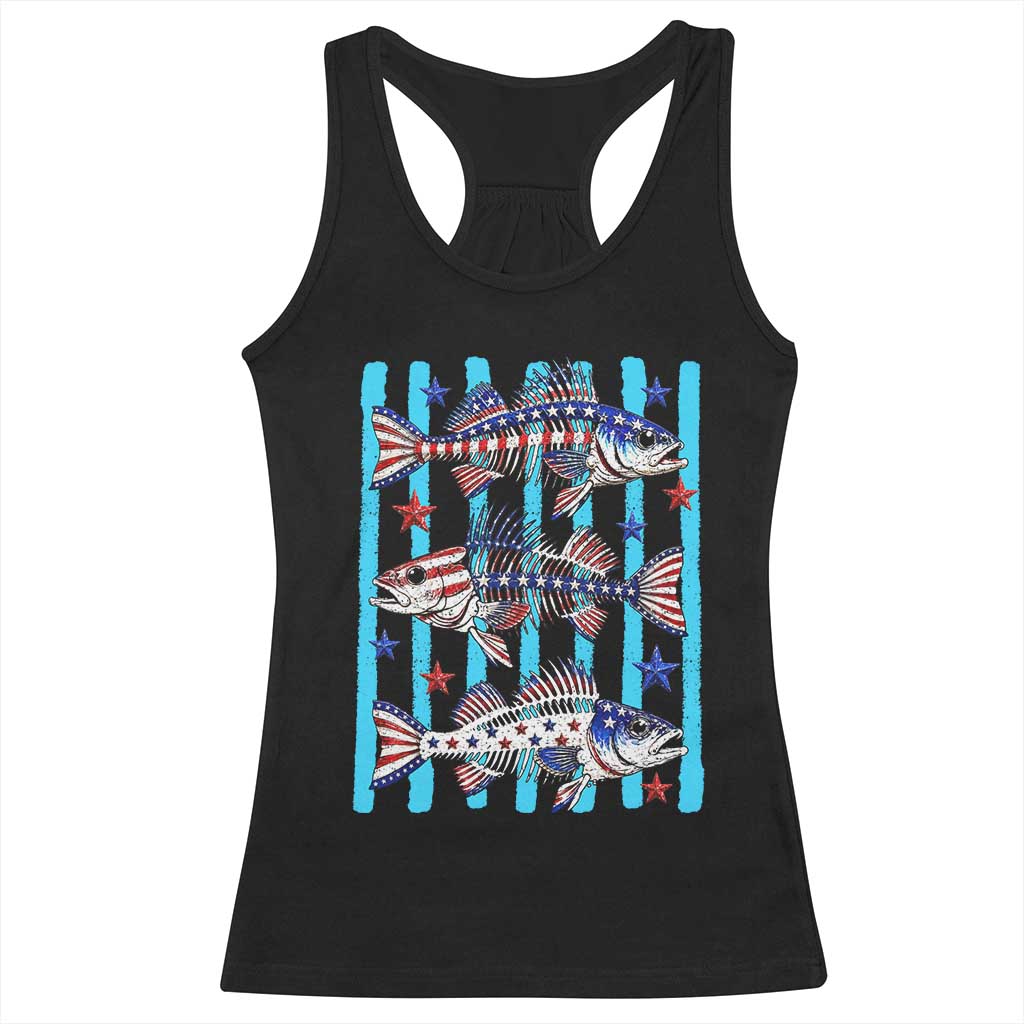 Patriotic Striped Bass Fishing Skeleton Racerback Tank Top USA Flag Angler Gift TS12 Black Print Your Wear