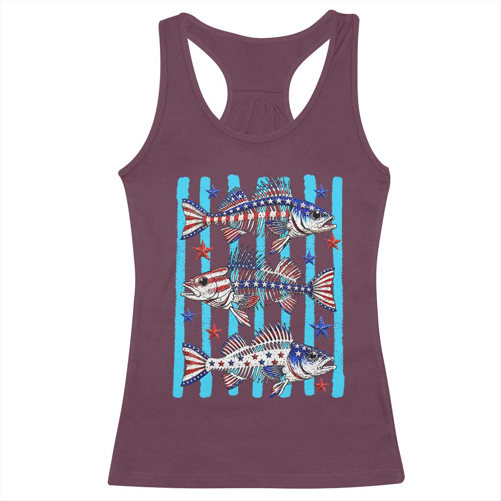 Patriotic Striped Bass Fishing Skeleton Racerback Tank Top USA Flag Angler Gift TS12 Maroon Print Your Wear