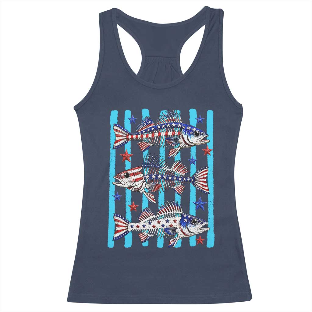 Patriotic Striped Bass Fishing Skeleton Racerback Tank Top USA Flag Angler Gift TS12 Navy Print Your Wear