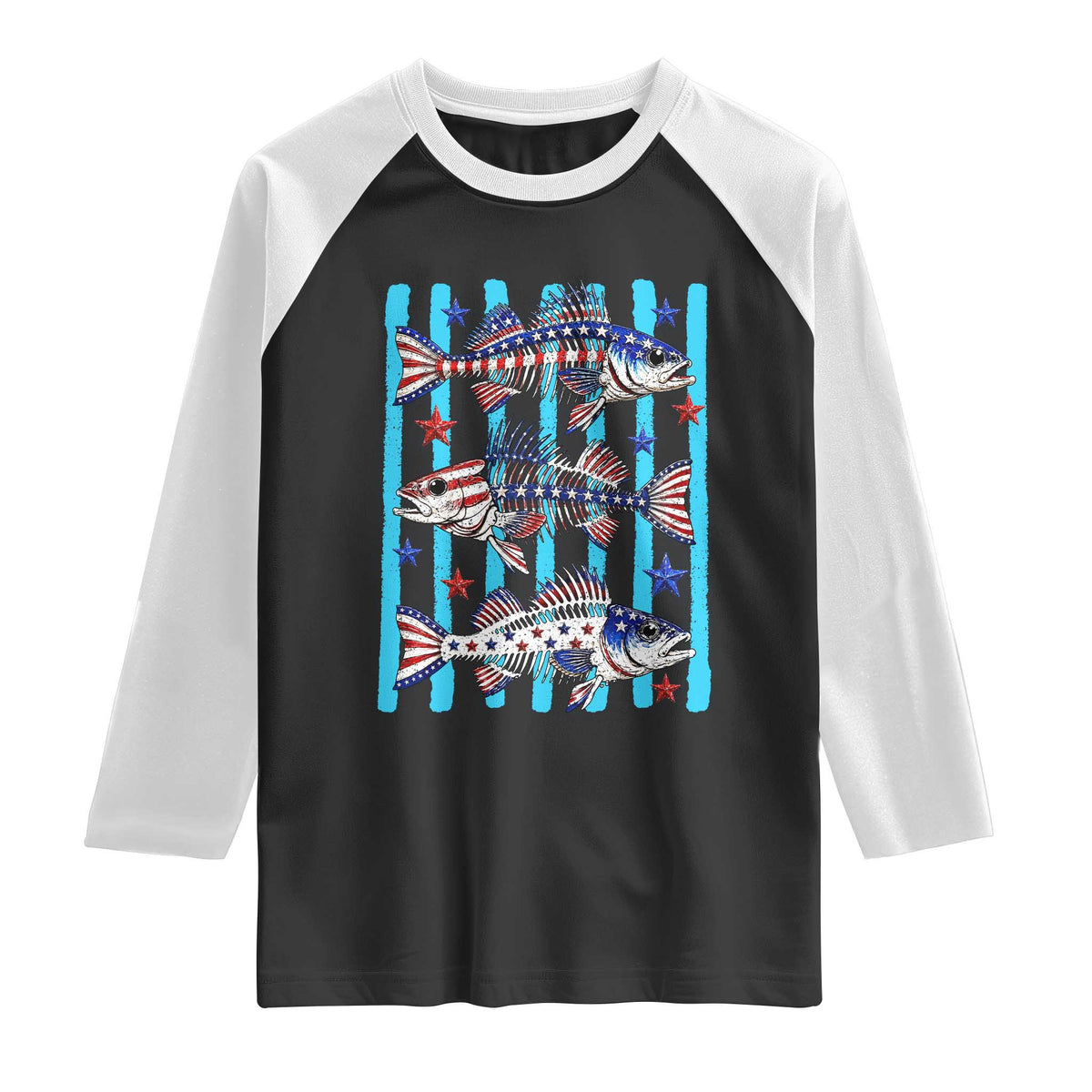 Patriotic Striped Bass Fishing Skeleton Raglan Shirt USA Flag Angler Gift TS12 Black White Print Your Wear