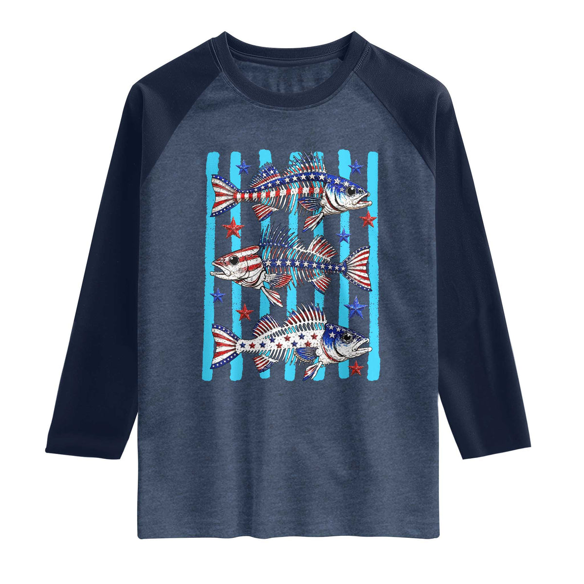 Patriotic Striped Bass Fishing Skeleton Raglan Shirt USA Flag Angler Gift TS12 Heather Denim Navy Print Your Wear