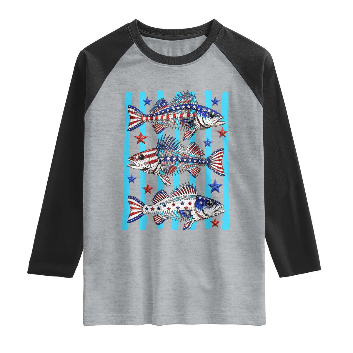 Patriotic Striped Bass Fishing Skeleton Raglan Shirt USA Flag Angler Gift TS12 Heather Gray Black Print Your Wear