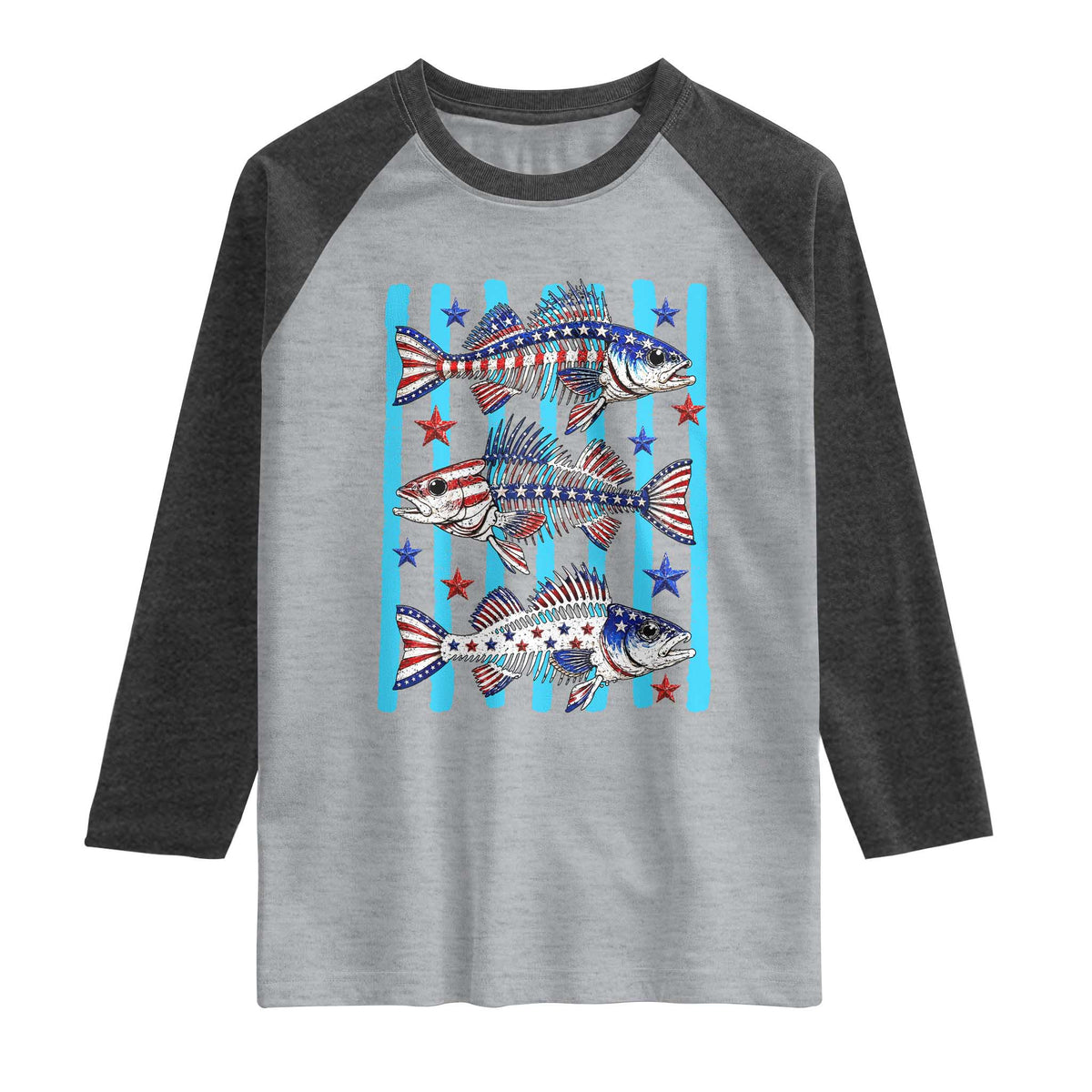 Patriotic Striped Bass Fishing Skeleton Raglan Shirt USA Flag Angler Gift TS12 Heather Gray Heather Charcoal Print Your Wear