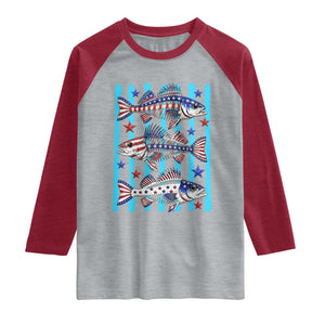 Patriotic Striped Bass Fishing Skeleton Raglan Shirt USA Flag Angler Gift TS12 Heather Gray Heather Red Print Your Wear